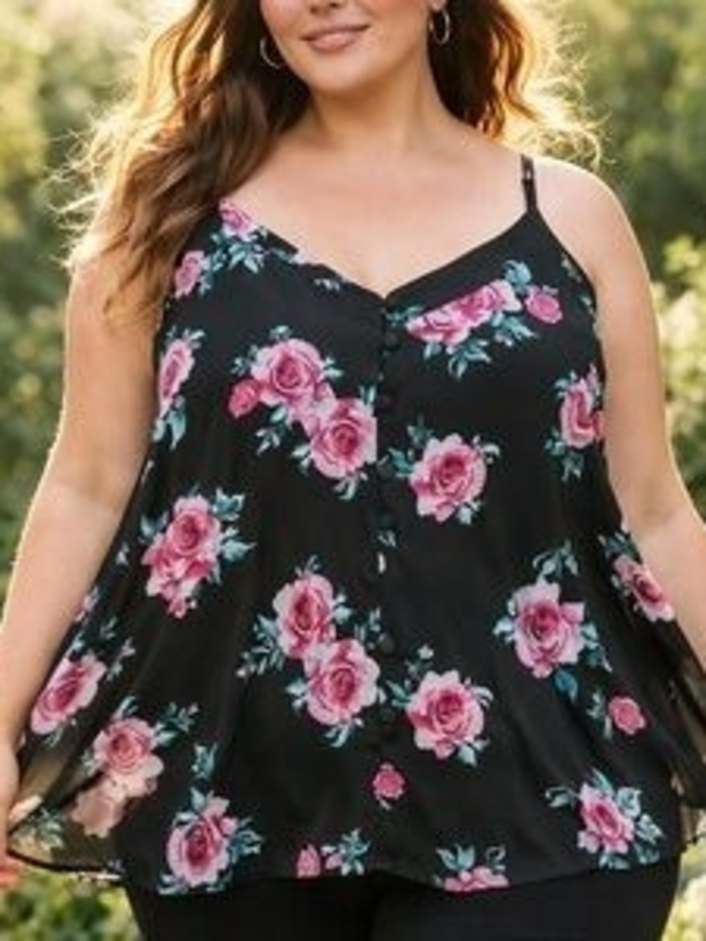 torrid Black Swing Cami Top with Pink Rose Print Sz 2x
